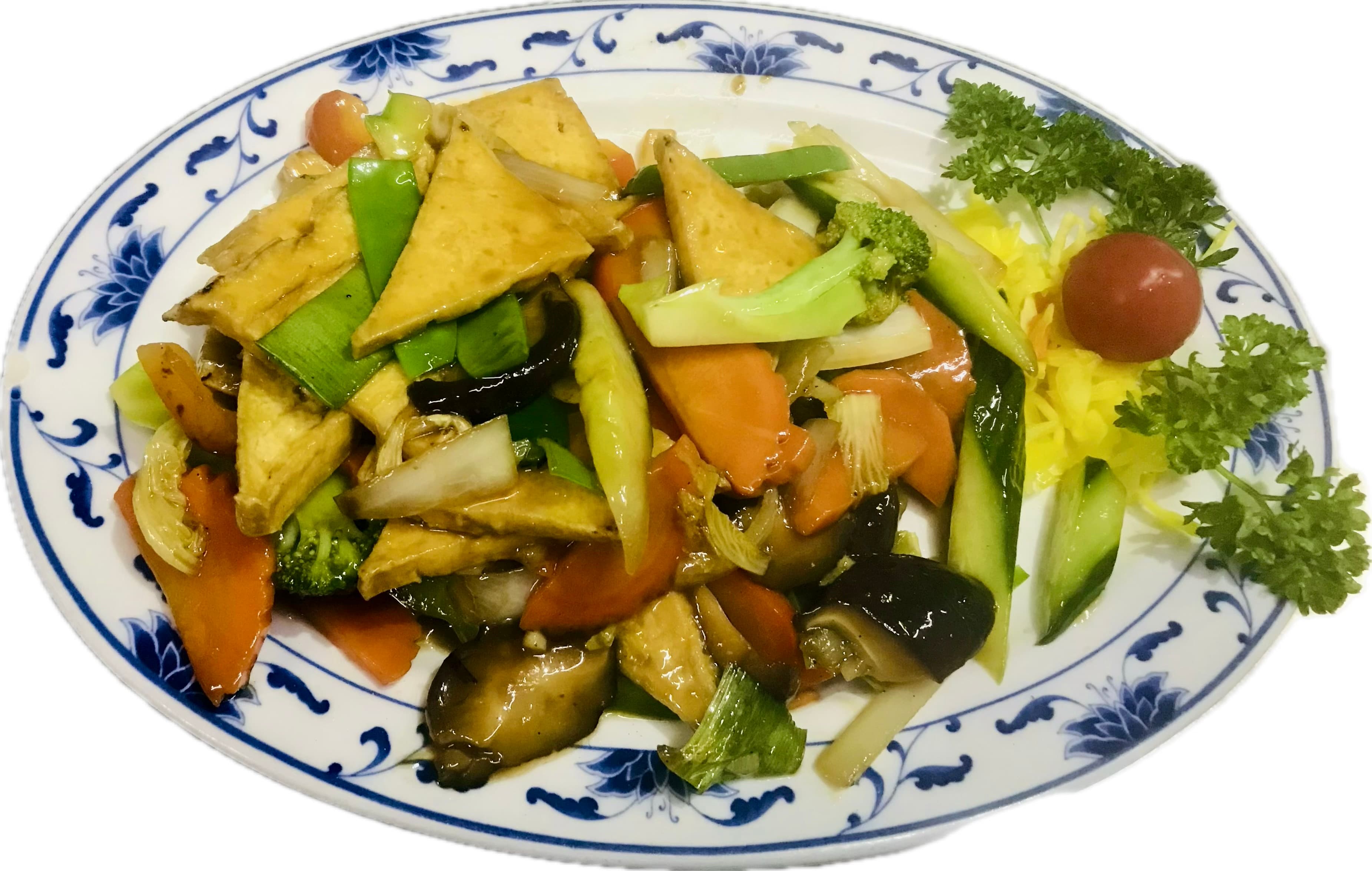 Gebakken Tau Fu met Chinese champignons en groenten